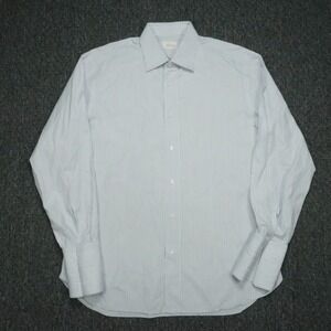 Brioni Shirt Mens XL Blue White Striped 100% Cotton Button Up Dress Italy *